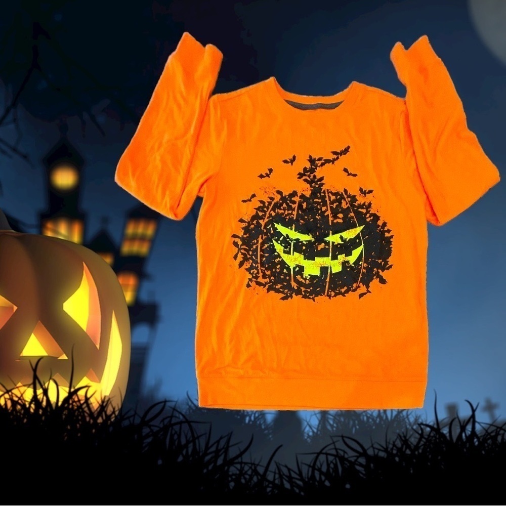 Kids Halloween Orange Long Sleeve Graphic Tee Size L (12-14)
